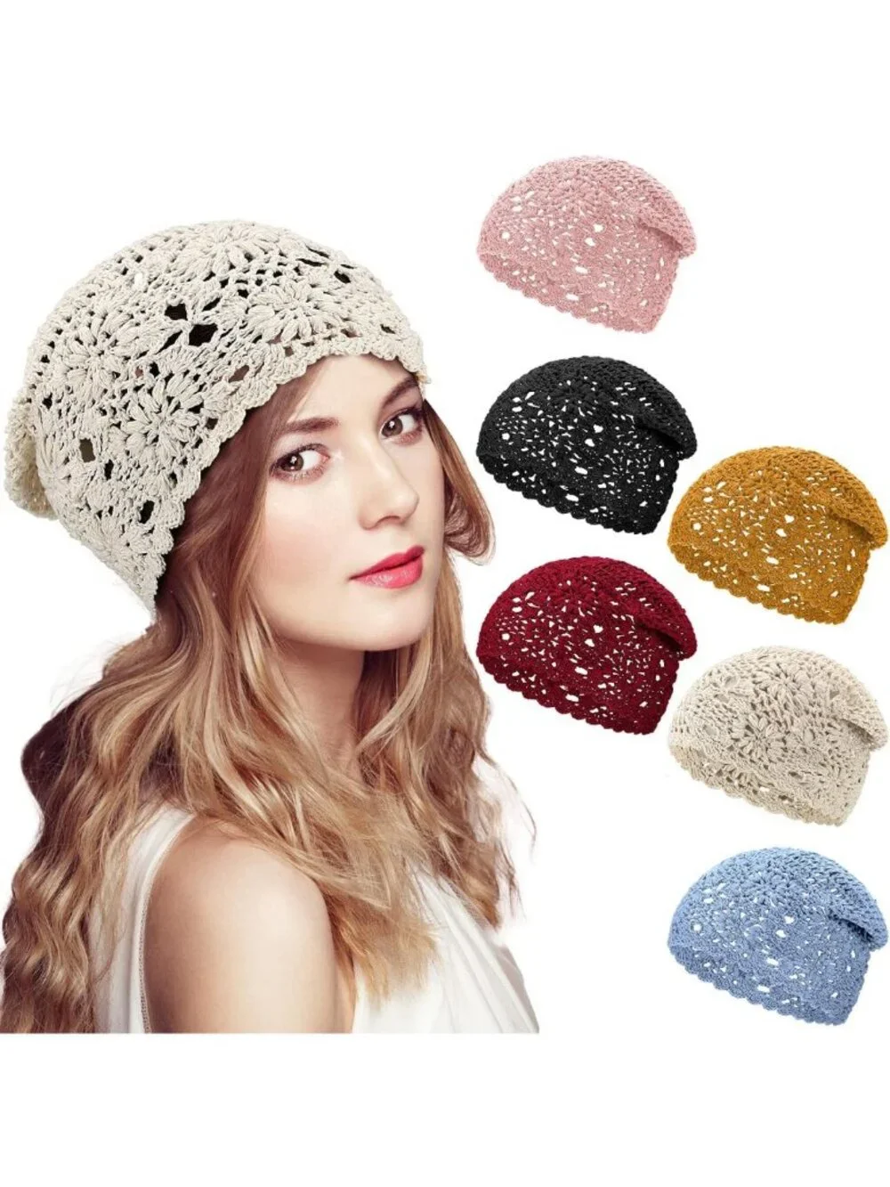 6 Pcs Cotton Crochet Beanie Set for Women | Slouchy Knit Summer Winter Hats